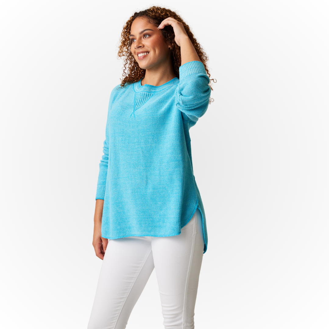 Jaboli Boutique - Fergus Ontario - Cotton Country - Skyler - Capri Blue Sweater. A lightweight crew neck cotton pullover.  A classic crew neckline in a,   Colour - Capri Sparkle Combo (Turquoise/White Mix),  Long Sleeves,  Sculpted hemline,  Made In Canada ,