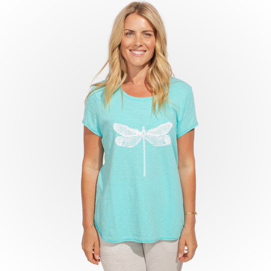 Jaboli Boutique - Fergus Ontario - Escape - Dragonfly Tee Shirt, crew neckline, Short sleeves, turquoise blue colour, White dragon fly detail on front, relaxed fit. 100% cotton 