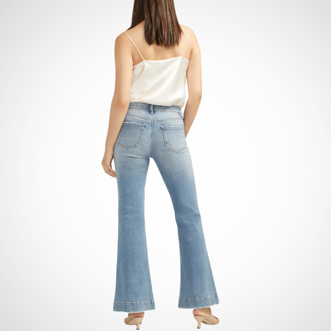Jaboli Boutique - Fergus Ontario -Jag Jeans - Introducing Kait: versatile, chic, and flattering flare jeans Adapts effortlessly from casual to glamorous occasions Pair with heels for a fierce look or boots, sneakers, or mules for laid-back cool Medium indigo wash with finished hem, 5-pocket styling, zip fly, button closure 10" mid rise, 22.5" leg opening Classic waistband for timeless elegance, no elastic needed Kait: your new style secret weapon for added flair to your wardrobe!