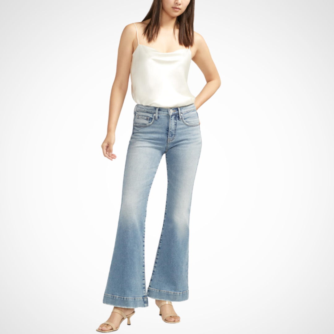 Jaboli Boutique - Fergus Ontario -Jag Jeans - Introducing Kait: versatile, chic, and flattering flare jeans Adapts effortlessly from casual to glamorous occasions Pair with heels for a fierce look or boots, sneakers, or mules for laid-back cool Medium indigo wash with finished hem, 5-pocket styling, zip fly, button closure 10" mid rise, 22.5" leg opening Classic waistband for timeless elegance, no elastic needed Kait: your new style secret weapon for added flair to your wardrobe!