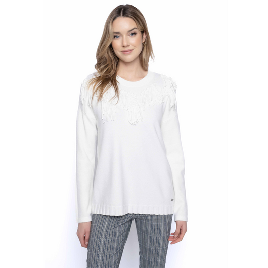 Jaboli Boutique - Fergus Ontario - Picadilly - Tassle Sweater. Crew Neck  Colours - Off White, Allure (Denim Blue)  Classic Fit, with Fabulous Decorated Neckline,  Popcorn Stitch with Tassel Detail