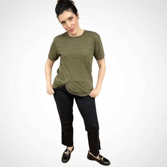 Jaboli Boutique - Fergus Ontario - Sanctuary - Riptide Twisted Tee - Burnt Olive Colour. Short Sleeve, crew neckline. with twist hem accent for a stylish French tuck effect Made from Cotton Jersey Knit blend (51% Cotton, 49% Rayon) for comfort