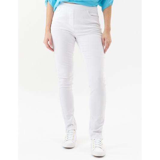 Jaboli Boutique - Fergus Ontario - Renuar - Pull On white Denim Jeans -Pull On Slim Fit Jeans  Stretchy Cotton/Tencel Blend  Mid - High Rise  Inseam 29"  Ankle cut with vent at hem  Pair With Embroidered Creme Jacket for Summer Suit!
