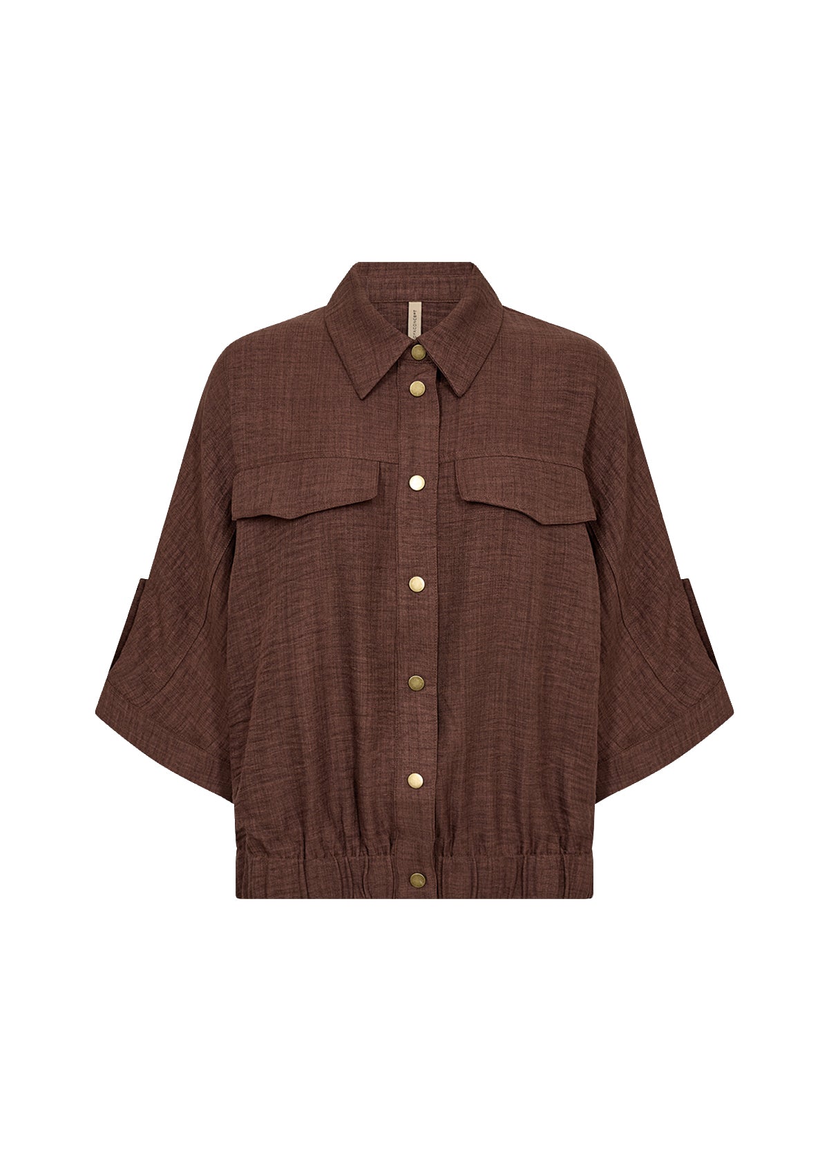 Brown textured shirt with button details on a white background