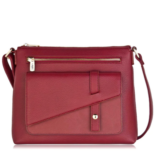 Jaboli Boutique - Fergus Ontario - Espe - Emeline Crossbody Purse - Red. Top zipper closure  Front zip compartment  One raised front pocket with magnetic strap closure  Full length back slip pocket with snap closure  Interior zip compartment and slip pockets  Non detachable adjustable shoulder strap  Gold hardware
