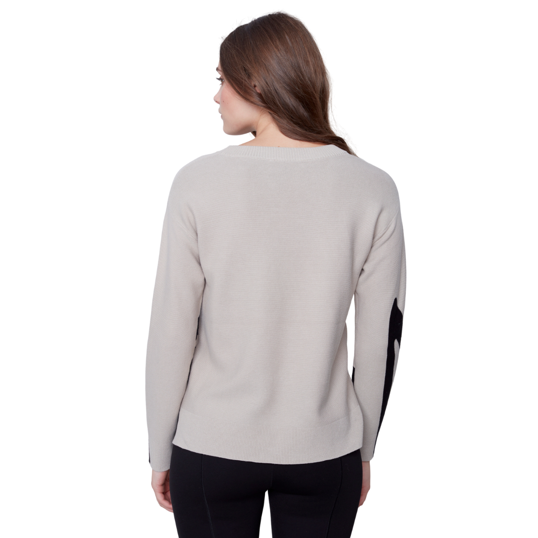 Jaboli Boutique - Fergus Ontario - Charlie B - Almond Jaquard Knit Sweater. A Nutral Abstract print sweater Crew Neck Colour - Almond with black accents Jacquard Long Sleeve Pullover Cotton Perfect for a day at the office or and evening out layer under your fav coatigan, vest, or blazer.