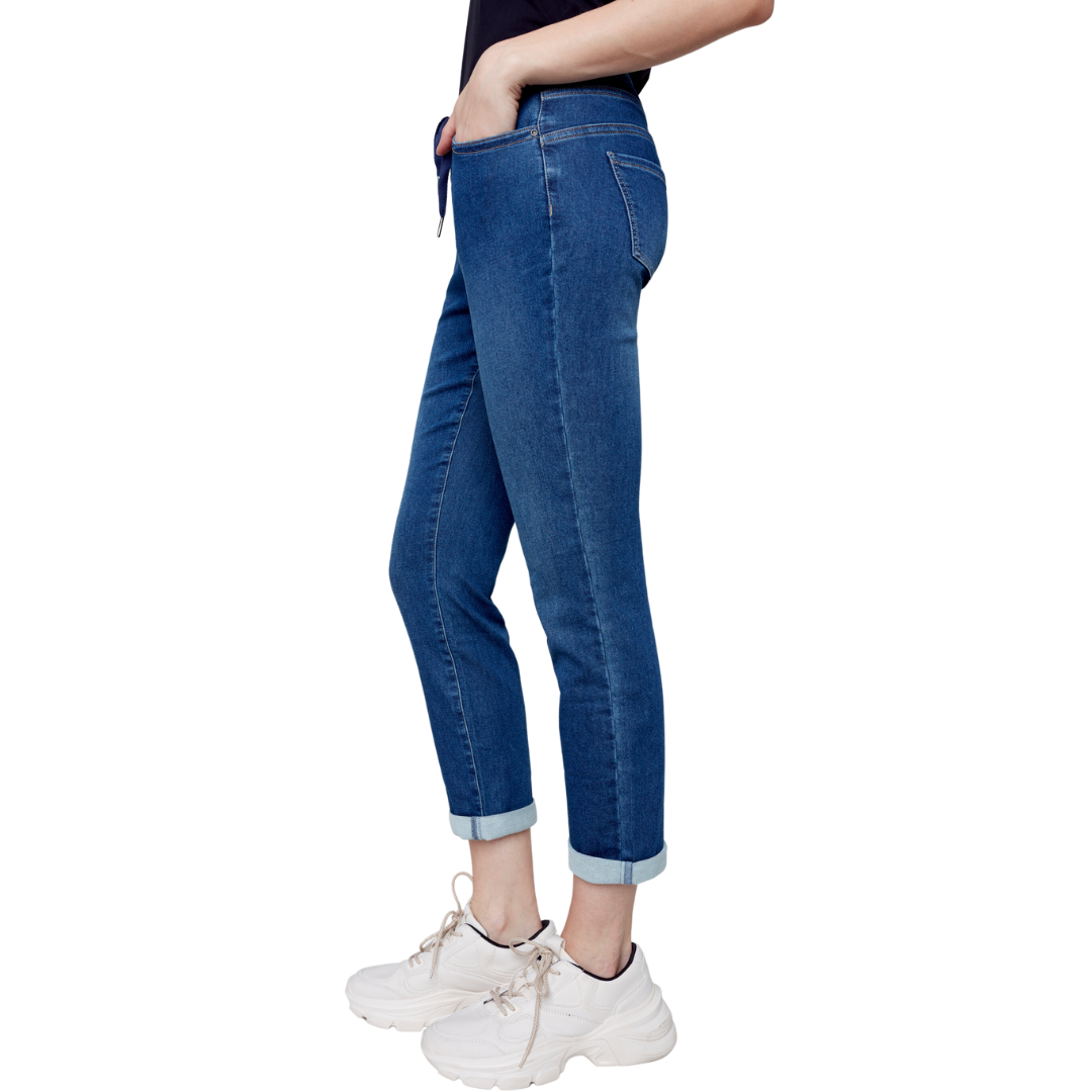 Jaboli Boutique - Fergus Ontario - Charlie B - Denim Joggers. The Knit Denim Joggers are Super Stretch and comfy Pull On with drawstring waistband Colour - Dark Indigo Slim Fit 5 Pocket Inseam 29 Inch These joggers make for the perfect travel companion.