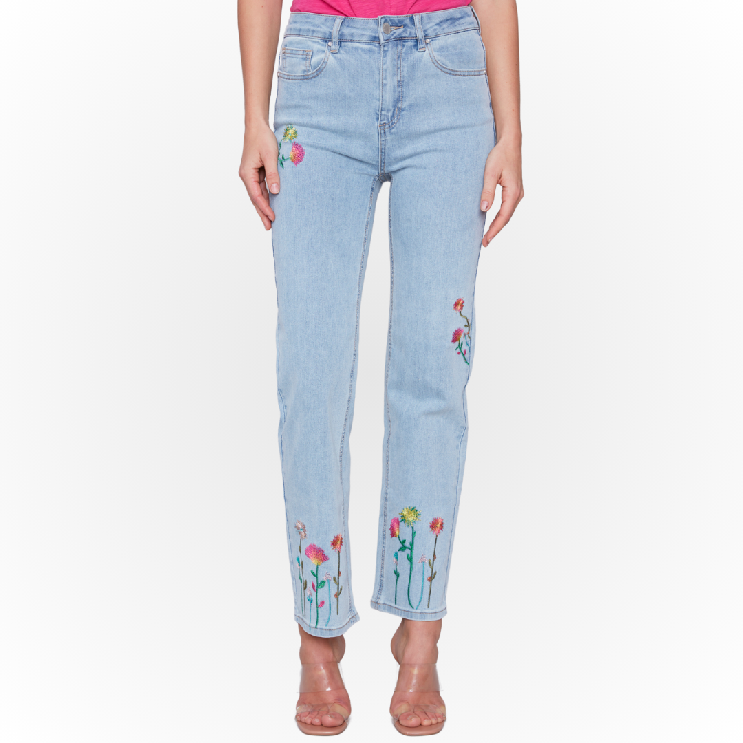 Jaboli Boutique, Fergus Ontario, Charlie B Floral Embroidered Jeans. High Rise, Five pocket styling, Fly Front, Light Blue Wash, Straight Leg, A beautiful pair of floral embroidered super soft stretch denim, floral embrpiderey on hemline right hip and left knee, and a fun floral embroidered accent on back pocket, a relaxed fit denim with a pop of colour and femininity,