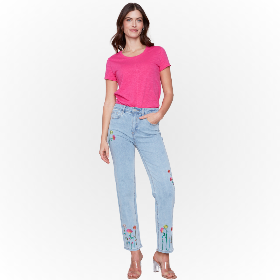Jaboli Boutique, Fergus Ontario, Charlie B  Floral Embroidered Jeans.  High Rise,  Five pocket styling,   Fly Front,  Light Blue Wash,  Straight Leg,  A beautiful pair of floral embroidered super soft stretch denim,  floral embrpiderey on hemline right hip and left knee,  and a fun floral embroidered accent on back pocket,   a relaxed fit denim with a pop of colour and femininity, 