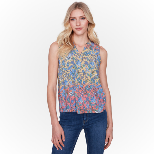 Jaboli Boutique - Fergus Ontario The Charlie B  Glory print tank top.  Sleeveless,  Relaxed Fit,  Tunic Length,  Floral print  on an ombre sunset background,  V neckline,   Great for layering,   or wearing as a statement peice with your fav jeans or shorts.