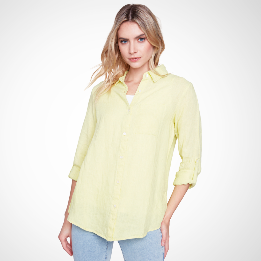 Jaboli Boutique - Fergus Ontario - Charlie B - Linen Shirt - Lime A long, lively linen shirt in a bold spring shade of lime. Features long sleeves with a clever tab and a uniquely sculpted hem in an anise-inspired hue. (Lime)