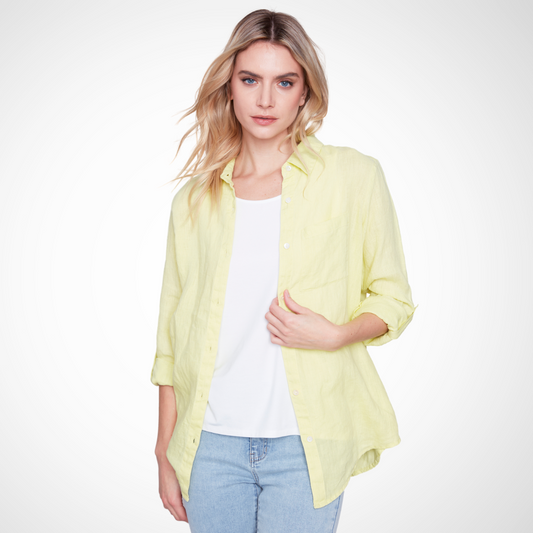 Jaboli Boutique - Fergus Ontario - Charlie B - Linen Shirt - Lime A long, lively linen shirt in a bold spring shade of lime. Features long sleeves with a clever tab and a uniquely sculpted hem in an anise-inspired hue. (Lime) 