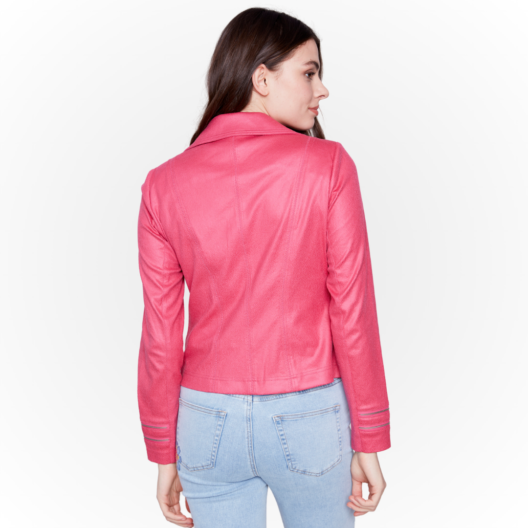 Jaboli Boutique - fergus Ontario - CHarlie B - Malibu Moto Jacket. Introducing our must-have Moto Jacket in stunning Malibu Pink Perfect addition to any wardrobe, because you can never have too many jackets Layer over a classic tee and jeans, or pair with Frank Lyman bow back jeans for extra flair Packable design for on-the-go style convenience Easily transition from day to night by throwing it over a little black dress Made from faux leather with a convenient hook-eye closure.