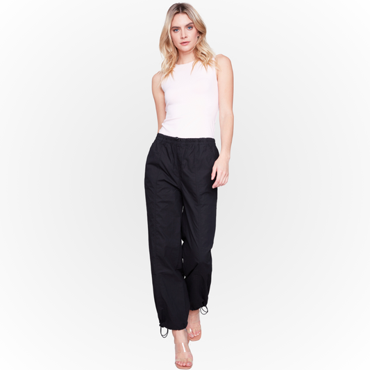Jaboli Boutique - Fergus Ontario - Charlie B Black Baggy Techno Pant  Pockets,  High rise,   drawstring detail at waistband  and hemline,   Pull On,  Relaxed Fit,  Light Weight  a comfortable pant made from a lightweight techno fabric ...perfect for travel. 
