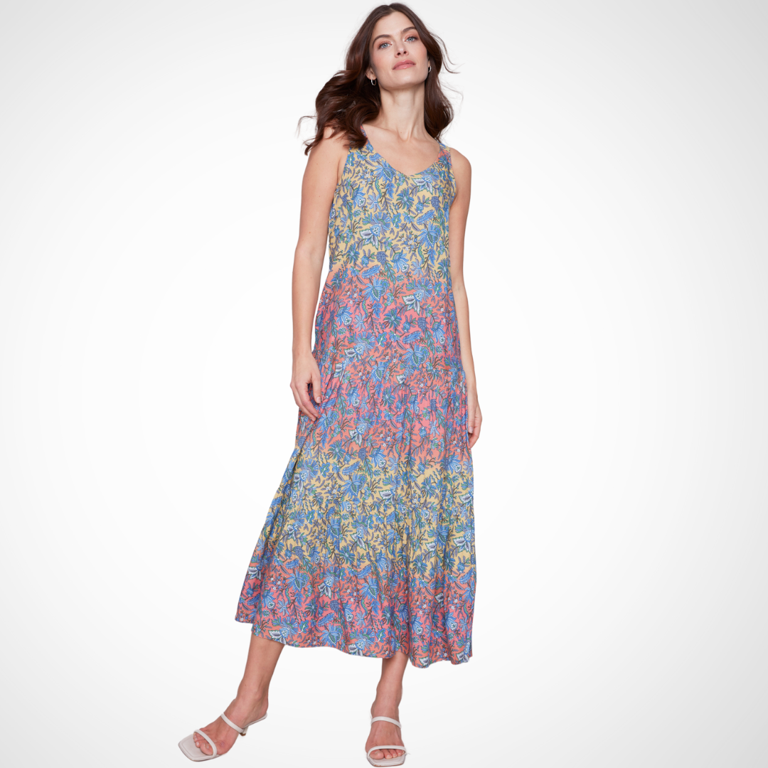 Jaboli Boutique - Fergus Ontario - Charlie B - Tiered Maxi Dress. Charlie B Tiered Maxi Dress Colourful Bra Friendly Straps Relaxed Fit Denim blue floral print on a sunset ombre background