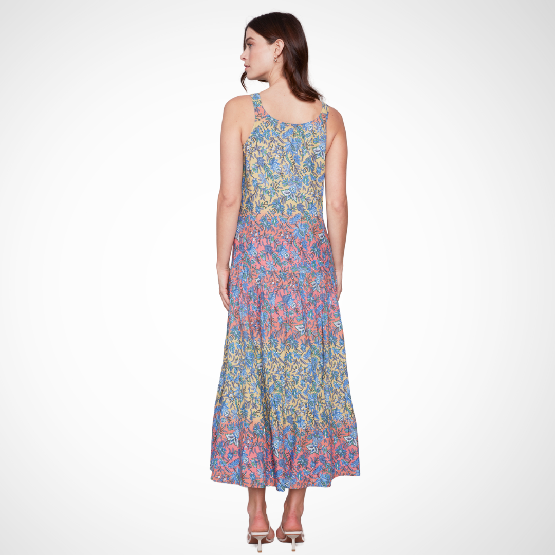 Jaboli Boutique - Fergus Ontario - Charlie B - Tiered Maxi Dress. Charlie B Tiered Maxi Dress Colourful Bra Friendly Straps Relaxed Fit Denim blue floral print on a sunset ombre background