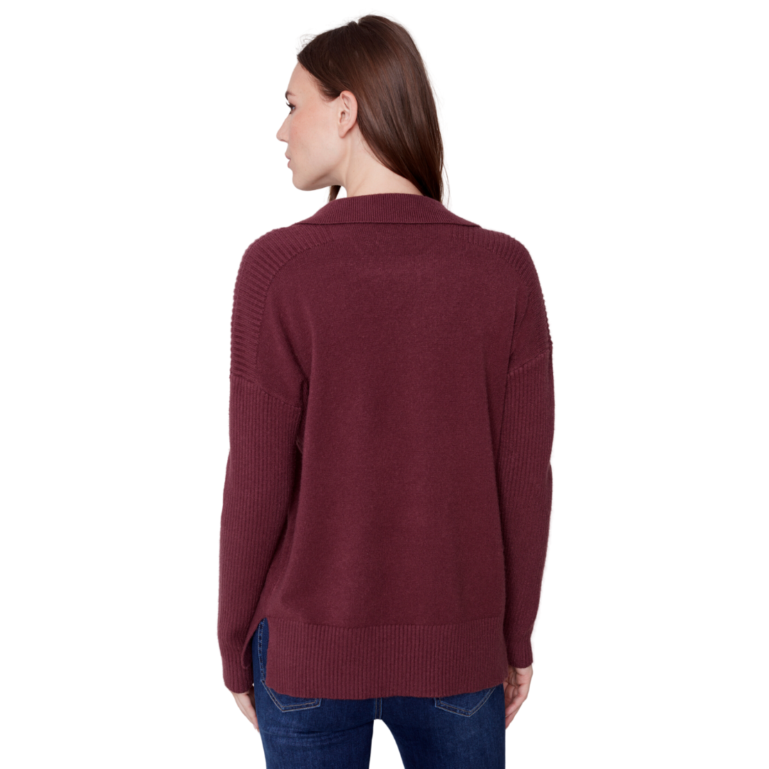 Jaboli Boutique - Fergus Ontario - Charlie B "Talula" Port Sweater. The Talula Port Sweater gives us preppy vibes. Collar, V Neck, Long Sleeve Pullover Sweater Drop Shoulder With Ribbed Knit Detailing, Colour - Port Two Front Pockets(rib Knit) Side Slits At Rib Knit Hemline. This Port Sweater Pairs Perfectly With An Autumn Afternoon At Your Fav Vineyard.