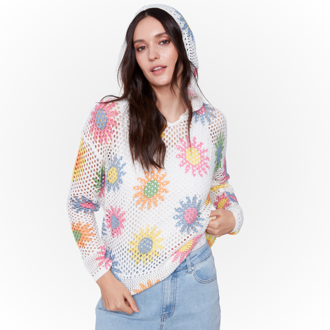 Jaboli Boutique - Fergus Ontario - The Charlie B Crochet Fishnet Hoodie. A Cheerful summer hoodie, Sweater, Daisy Motif, Drop Shoulder, Relaxd Fit, Multi Coloured on White.