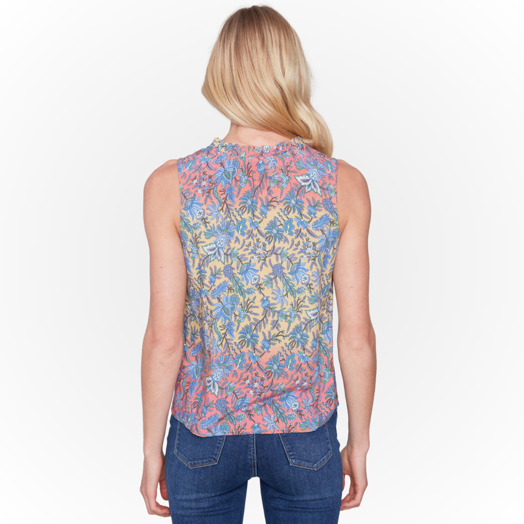 The Charlie B  Glory print tank top.  Sleeveless,  Relaxed Fit,  Tunic Length,  Floral print  on an ombre sunset background,  V neckline,   Great for layering,   or wearing as a statement peice with your fav jeans or shorts.