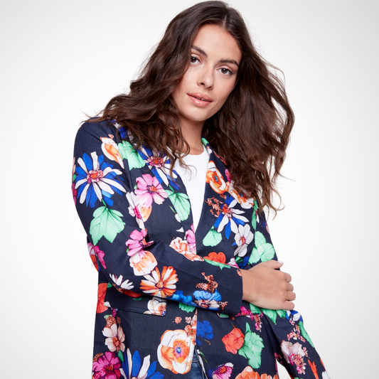 Jaboli Boutique - Fergus Ontario - Charlie B - Floral Print Blazer, Bright pops of florals on a black background, front pockets, full length sleeve, Tux style collar, button front.