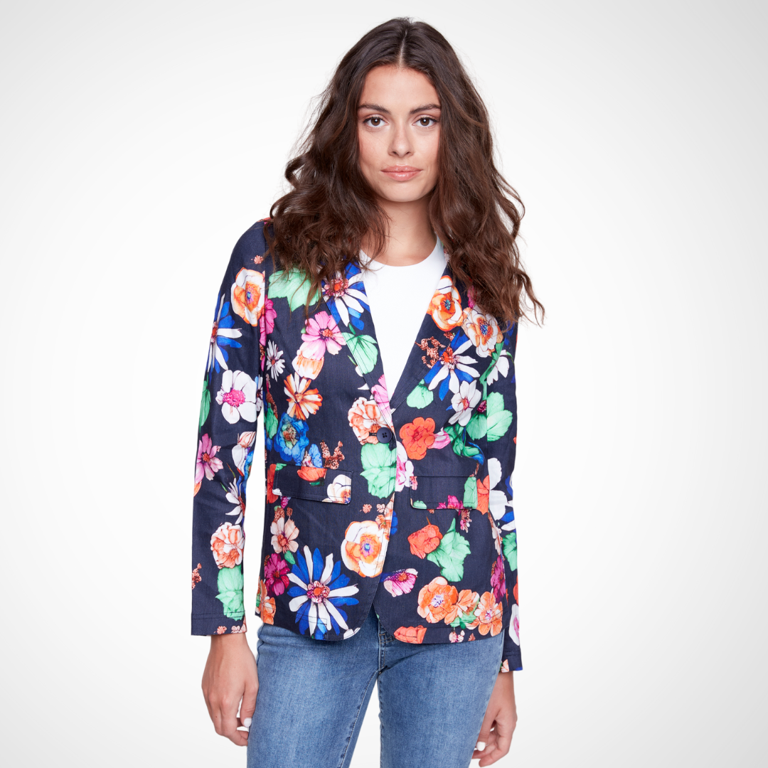  Jaboli Boutique - Fergus Ontario - Charlie B - Floral Print Blazer, Bright pops of florals on a black background, front pockets, full length sleeve, Tux style collar, button front.