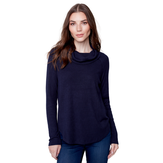 Jaboli Boutique - Fergus Ontario - Charlie B Ribbed Cowl Neck sweater. Navy, Warm and Comfortable Cowl Neck  Available in Ecru, Truffle, Navy, and Black colors, this sweater offers variety.  Featuring a raglan sleeve design and sculpted hemline, it combines style with comfort.  Made from lightweight material, it's an excellent layering option.  A must-have wardrobe staple for the fall and winter seasons.