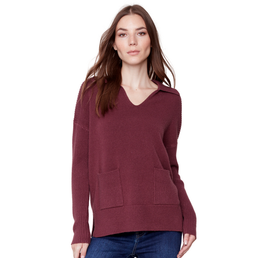 Jaboli Boutique - Fergus Ontario -  Charlie B "Talula" Port Sweater. The Talula Port Sweater gives us preppy vibes.  Collar, V Neck, Long Sleeve Pullover Sweater  Drop Shoulder With Ribbed Knit Detailing,  Colour - Port  Two Front Pockets(rib Knit)  Side Slits At  Rib Knit Hemline.  This Port Sweater Pairs Perfectly With An Autumn Afternoon At Your Fav Vineyard.