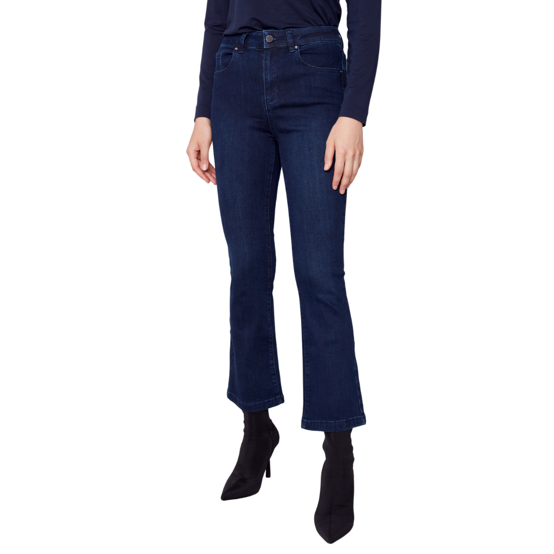 Jaboli Boutique - Fergus Ontario - Charlie B - Blue Black Cropped Flare Jeans.A Fan Favourite Dark Denim , Cropped Bootcut Jean High Rise, Fly Front, 5 Pocket, 28" inseam, Ankle Opening 18" , Comfort Stratch Denim,