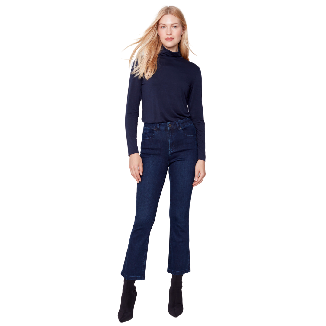 Jaboli Boutique - Fergus Ontario - Charlie B - Blue Black Cropped Flare Jeans.A Fan Favourite   Dark Denim ,  Cropped Bootcut Jean  High Rise,  Fly Front,  5 Pocket,  28" inseam,  Ankle Opening 18" ,  Comfort Stratch Denim,