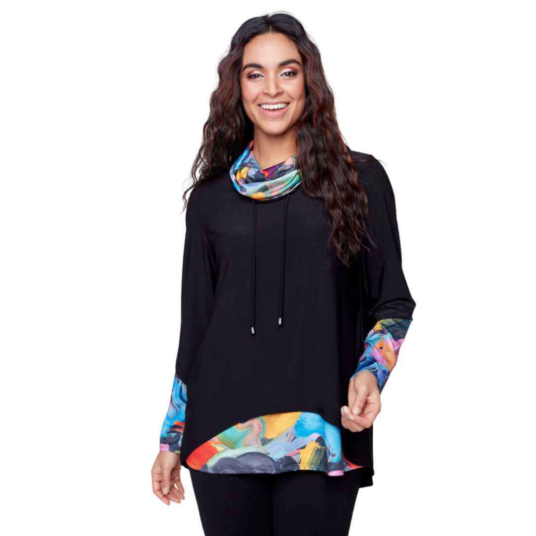 Jaboli Boutique - Fergus Ontrio - Claire Desjardins - Tunic With Split Back - Winter Bouquet Print. Adjustable Cowl Neck Jersey Tunic Colours - Navy (Home Run), Black (Winter Bouquet) Solid Body Colours with Print Cuff, Cowl and Back Tunic Length Long Sleeves