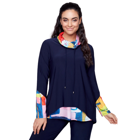 Jaboli Boutique - Fergus Ontrio - Claire Desjardins - Tunic With Split Back - Home Run Print. Adjustable Cowl Neck Jersey Tunic  Colours - Navy (Home Run), Black (Winter Bouquet)   Solid Body Colours with Print Cuff, Cowl and Back   Tunic Length  Long Sleeves