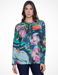 JaboliBoutique-FergusOntario-ClaireDesjardinsColourfulKnitSweater-Pink Peonies Print.Claire Desjardins Colourful Knit Sweater in Tropical Paradise (multicolor) and Pink Peonies (floral), featuring a high adjustable collar with drawstring, long sleeves, and a relaxed tunic-length fit. Perfect for pairing with leggings or jeans, this vibrant hoodie-style sweater offers effortless comfort and bold style for any occasion
