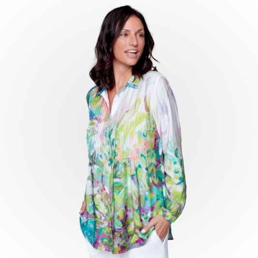 Jaboli Boutique - Fergus Ontario - Claire Desjardins Edge of Forest Blouse.  Colourful,  Button Front,  Tab up Sleeve,   shirt collar neckline,   a-line silhouette,   flowy through the body,  fitted through the shoulder,   pin tuck pleats,   gorgeous print with swirls of greens,  violets, blues.