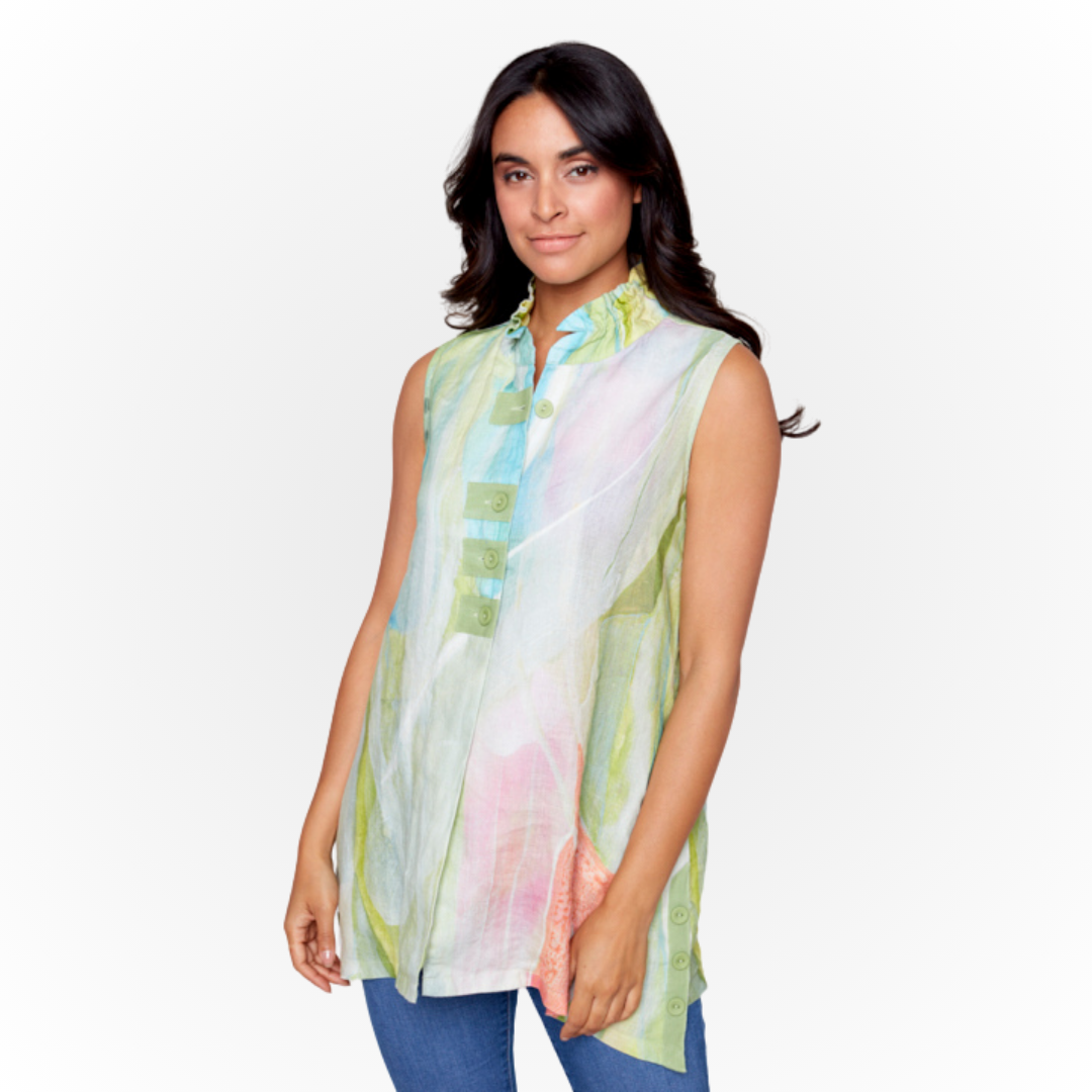 Jaboli Boutique - Fergus Ontario -The Claire Desjardins Fresh Avocado Top.  Wire Gathered Collar,  Colour - "Fresh Avocado" with a hint or orange and yellow,  Button Front, wear open as a vest over your favourite Tee,  Sleeveless, Tunic Length,  100% Linen,   gorgeous wearable art. 
