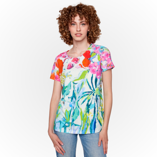 Jaboli Boutique - Fergus Ontario -  Claire Desjardins "Liberty in Garden" Top.  Colourful Bamboo Tee Top,  Colours - Garden Flowers on Ivory,  Crew Neckline,  Short Sleeve,  Hip Length,  Asymmetric Pocket Detail,  Pair with your Favourite Capris or Palazzo Pants for a more Formal Outfit.