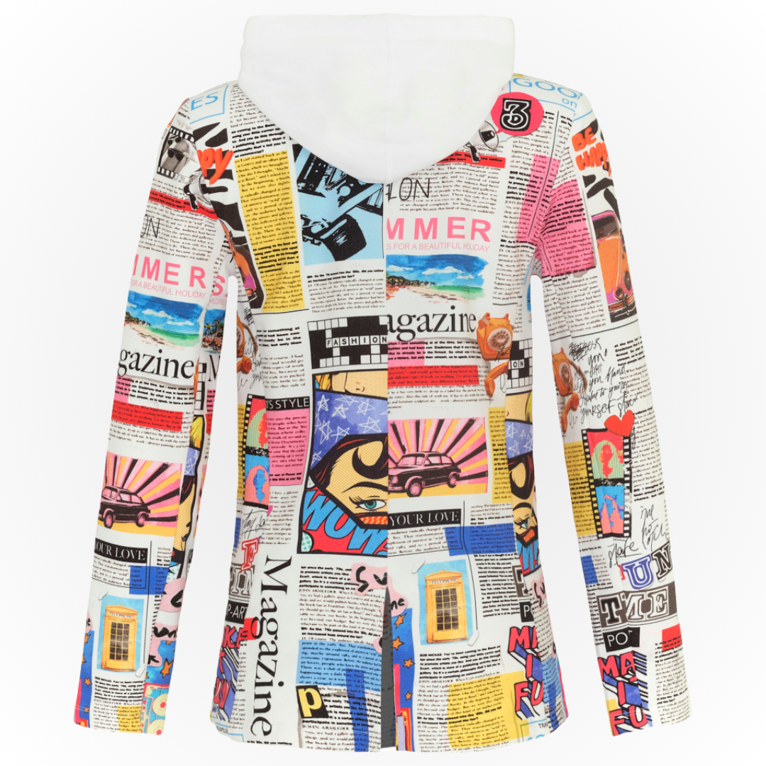 Jaboli Boutique - Fergus Ontario -The Dolcezza Pop Art Jacket. Single Button Jacket with attached white Hoody Insert, Colour - White Background with Multi Colour Magazine Ads, Cotton/Poly/Elastane Blend, Jacket is Single Button, Hoody is Zipper Closure, Pockets, This Jacket is a SHOW STOPPER!