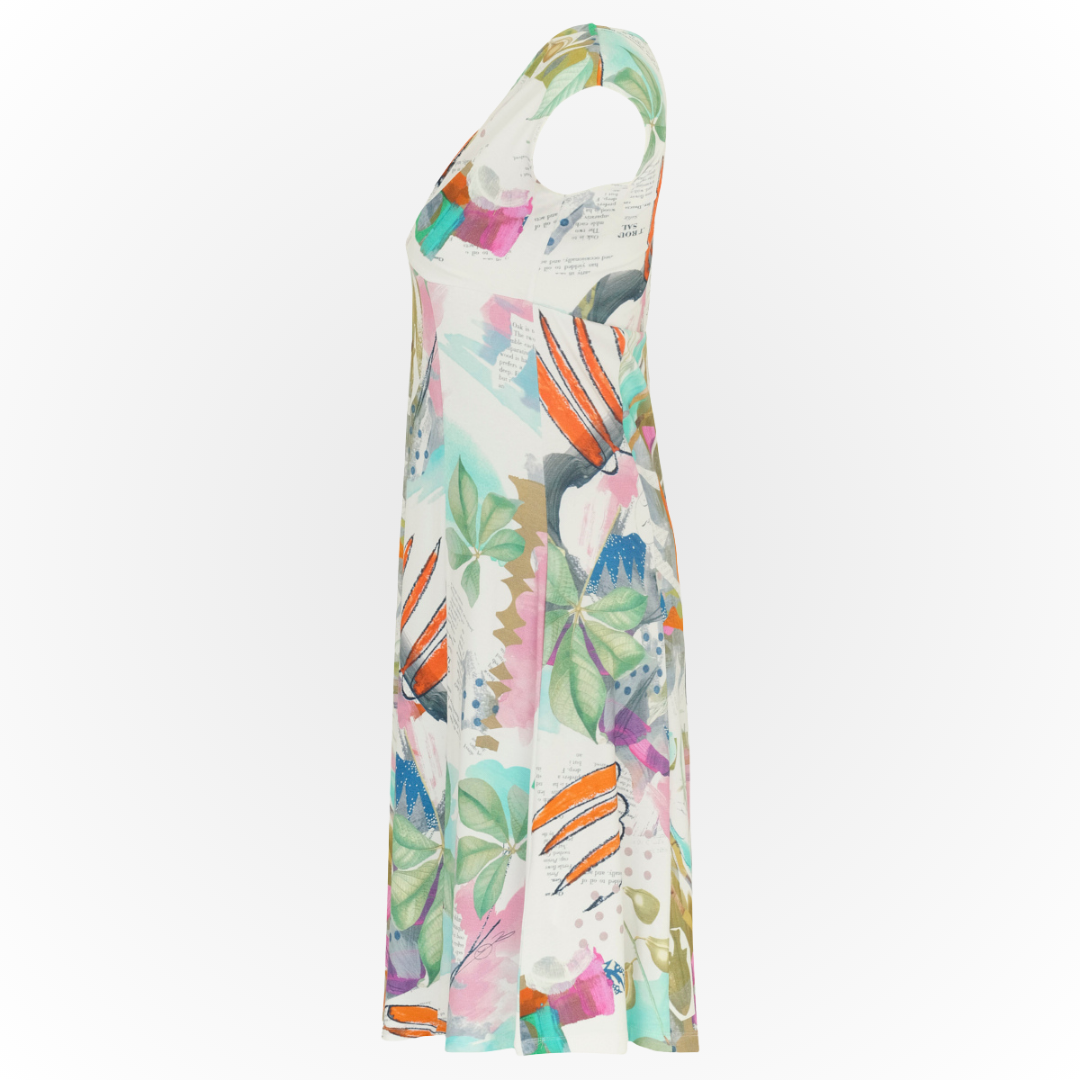  Jaboli Boutique - Fergus Ontario - The Dolcezza "Spring" Dress Crossover V Neckline, Colour - White Background with Mint, Pink, Green Graphic Print, Empire Waist, very Figure Flattering, Fitted Bodice, Sleeveless, (Pair with Coordinating Pure Essence Shrug), A Line Skirt, Knee Length.