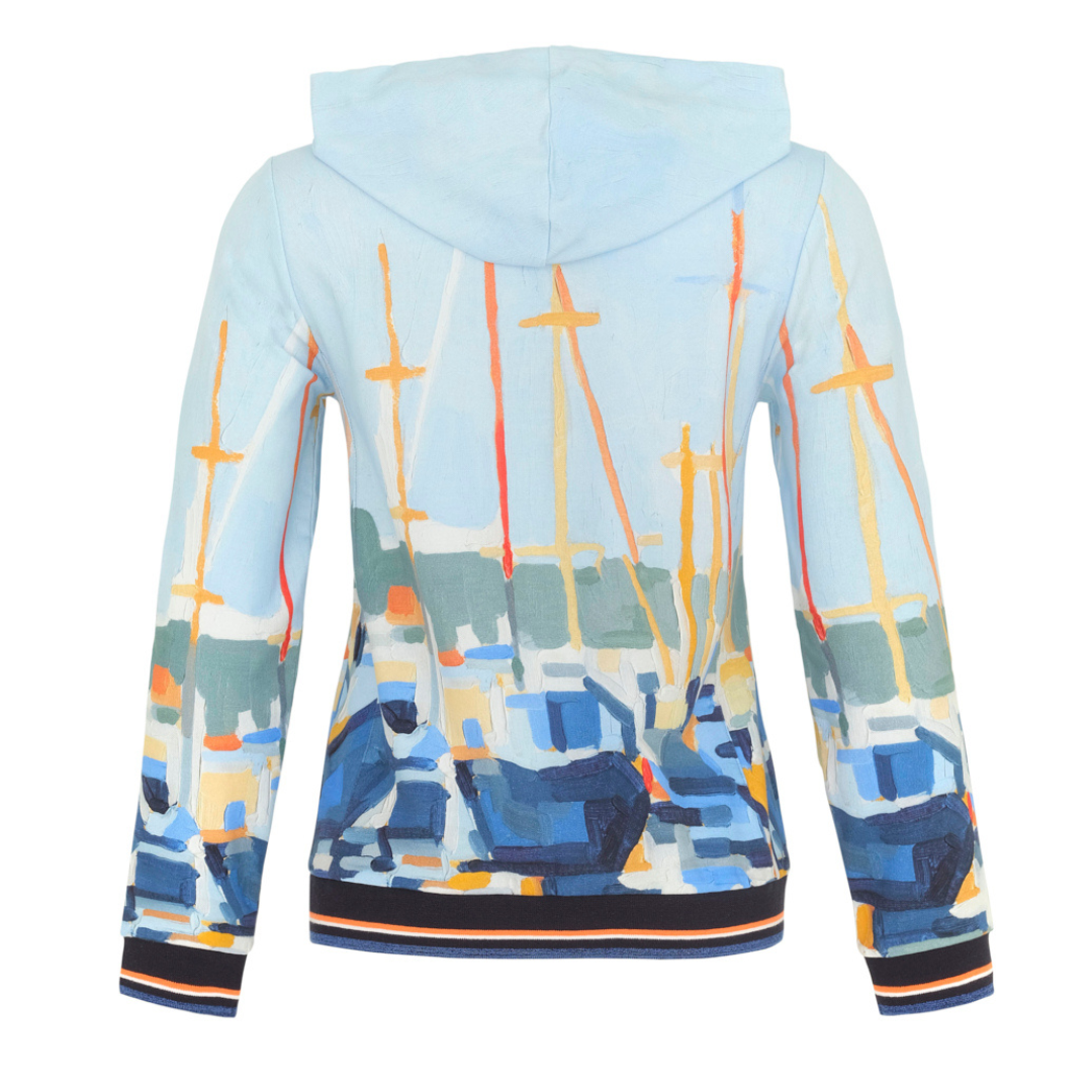 Jaboli Boutique - Fergus Ontario - Dolcezza - Marina Hoody. The Dolcezza Marina Hoody Zip Front Hoody Colour - Marina Blue, Sky Blue with Boat Colours Cotton Blend Long Sleeves Waist Length Sweater Band Hem and Sleeves Perfect for evenings at the cottage, beach or out on the boat