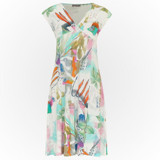 Jaboli Boutique - Fergus Ontario - The Dolcezza "Spring" Dress   Crossover V Neckline,  Colour - White Background with Mint, Pink, Green Graphic Print,  Empire Waist, very Figure Flattering,  Fitted Bodice,  Sleeveless, (Pair with Coordinating Pure Essence Shrug),  A Line Skirt,  Knee Length.