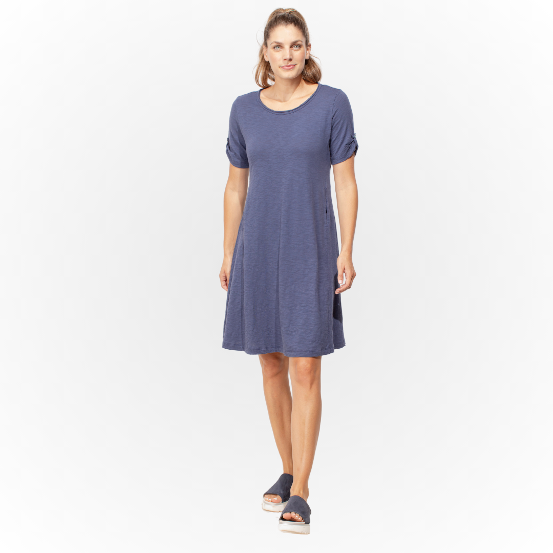 Jaboli Boutique - Fergus Ontario - Picadilly Escape Cotton Tee Dress.  Scoop Neck,  Colour - Navy Blue,  Relaxed Fit,  A Line,  Hidden Pockets,  Short Sleeves with Button Detail,  Knee Length.