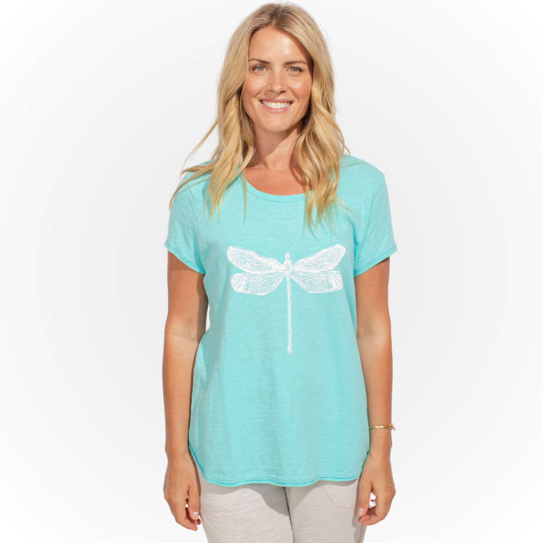 Jaboli Boutique - Fergus Ontario - Escape - Dragonfly Tee Shirt, crew neckline, Short sleeves, turquoise blue colour, White dragon fly detail on front, relaxed fit. 100% cotton 