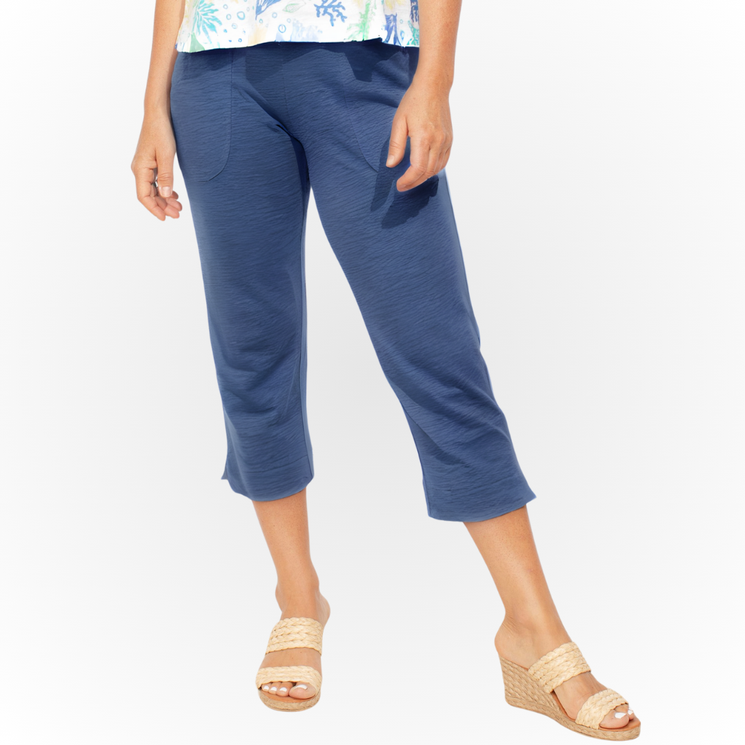 Jaboli Boutique - Fergus Ontario - Escape Navy Capri - Pull On, High Rise,   Available In Two Colours - Navy, Turquoise.  Relaxed Fit,  100% Cotton,  24" inseam,  comfy everyday capri.