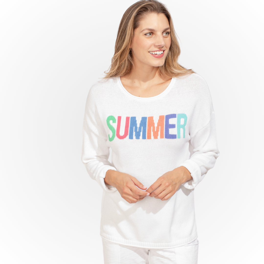 Jaboli Boutique - Fergus Ontario Escape - SUMMER - Sweater, White, Crew neckline, long sleeves, drop shoulder, knit, Word SUMMER on front in colourful letters.