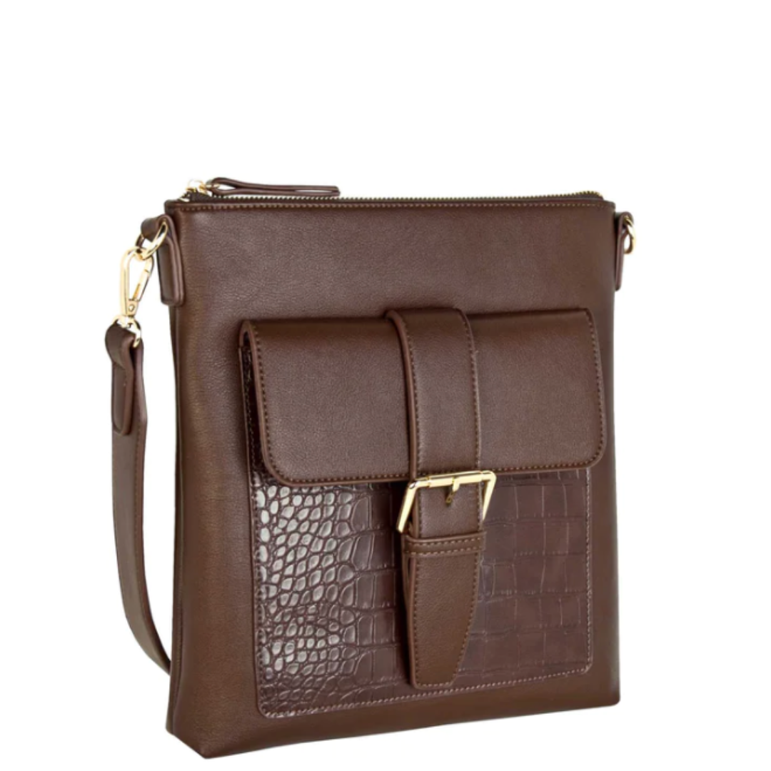 Jaboli Boutique - Fergus Ontario - Espe - Chester - cross body purse - Colour Brown Soft slightly pebbled vegan leather and vegan croc leather  Large front pocket with magnetic closure  Top zipper closure to main compartment  Interior slip phone pocket and zip pocket  Back pocket with zipper closure  Wide adjustable crossbody strap  Non adjustable vegan leather shoulder strap  Gold hardware