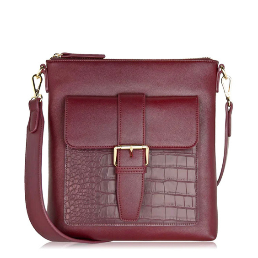 Jaboli Boutique - Fergus Ontario - Espe - Chester - cross body purse - Colour Burgundy Soft slightly pebbled vegan leather and vegan croc leather Large front pocket with magnetic closure Top zipper closure to main compartment Interior slip phone pocket and zip pocket Back pocket with zipper closure Wide adjustable crossbody strap Non adjustable vegan leather shoulder strap Gold hardware
