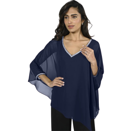 Jaboli Boutique - Fergus Ontario - Frank Lyman Chiffon Overlay Midnight Rhinestone Top: Elevate your style in sophisticated Midnight Navy Blue. Exquisite piece with rhinestone accent at neckline and cuffs for added glamour. Hip-length silhouette with a chiffon overlay top and comfortable jersey liner. Seamlessly combines elegance with ease. Proudly made in Canada, reflecting a commitment to quality craftsmanship and contemporary design.