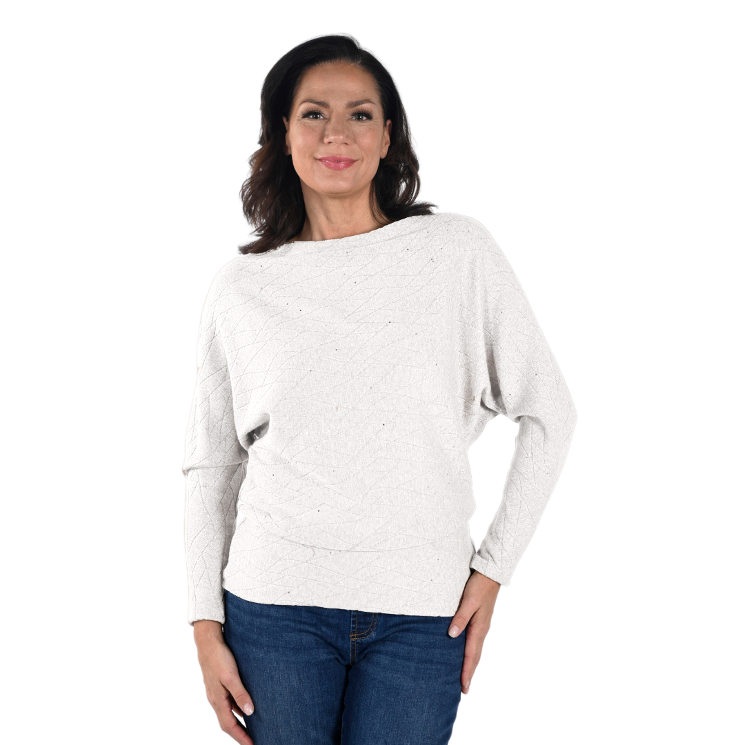 Jaboli Boutique - Fergus  Ontario - Frank Lyman - Batwing Sleeve Sweater. Cozy Long Batwing sleeved Knit Pullover Top  Colour - Ivory with a Hint of Silver Sparkle  Hip Length  Super Soft!  Pair with your Favourite Palazzo Pants  Or Jeans A truly versatile sweater perfect for any occasion.  Proudly Made In Canada!