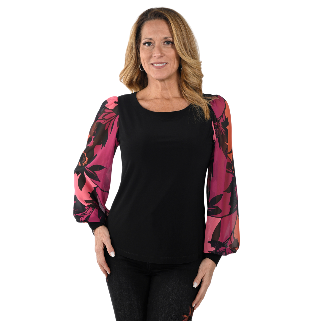 Jaboli Boutique - Fergus Ontario - Frank Lyman -Black/Magenta Top. Colour - Black Body, Magenta/Orange Print Sleeves, Black Cuff  Hip Length  Proudly Made In Canada!  Pair with Coordinating Pants