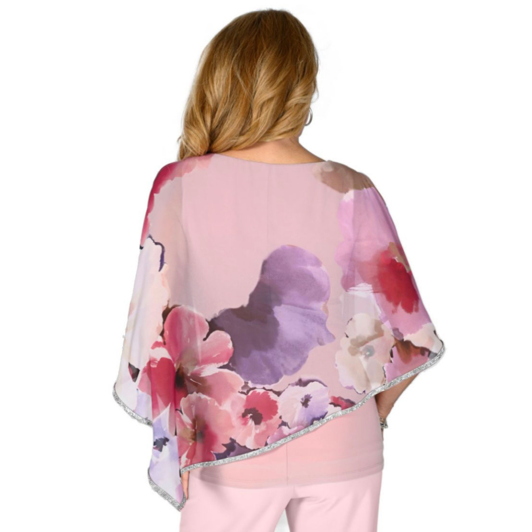 Jaboli Boutique - Fergus Ontario - Frank Lyman Blush & Purple Floral Blouse. Chiffon Overlay with Rhinestones  Colour - Blush Pink Liner with Blush Purple Pattern on Overlay  Sparkly Rhinestone Trim  Pair with Coordinating Pants for a Great Special Event Outfit!  Proudly Made In Canada!