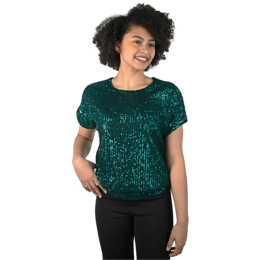 Jaboli Boutique - Fergus Ontario - Frank Lyman - Emerald Sequin Top. Scoop Neckline,  Cap Sleeve,  Colour Emerald,  Banded Waistline.  The Perfect Short Sleeve Top For Your Next Event or Evening Out 